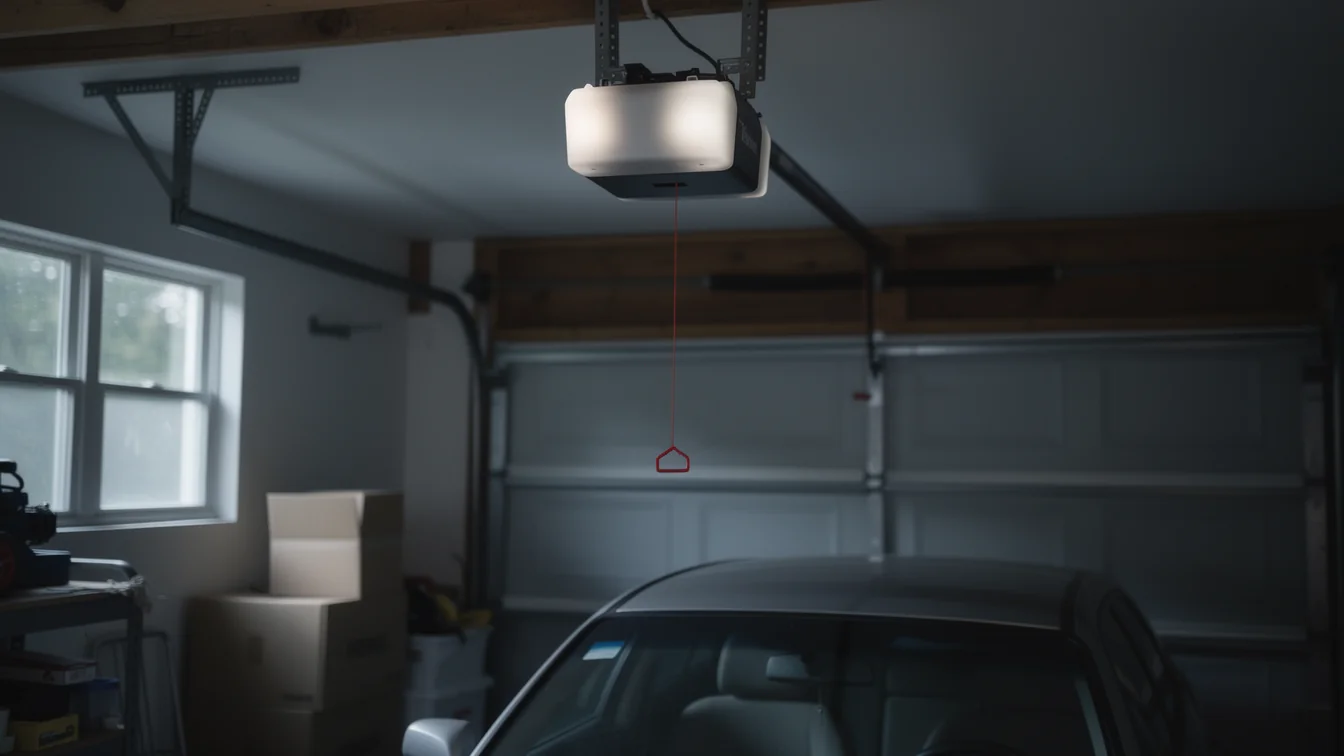 A garage door opener with a light is mounted on the ceiling above a car.