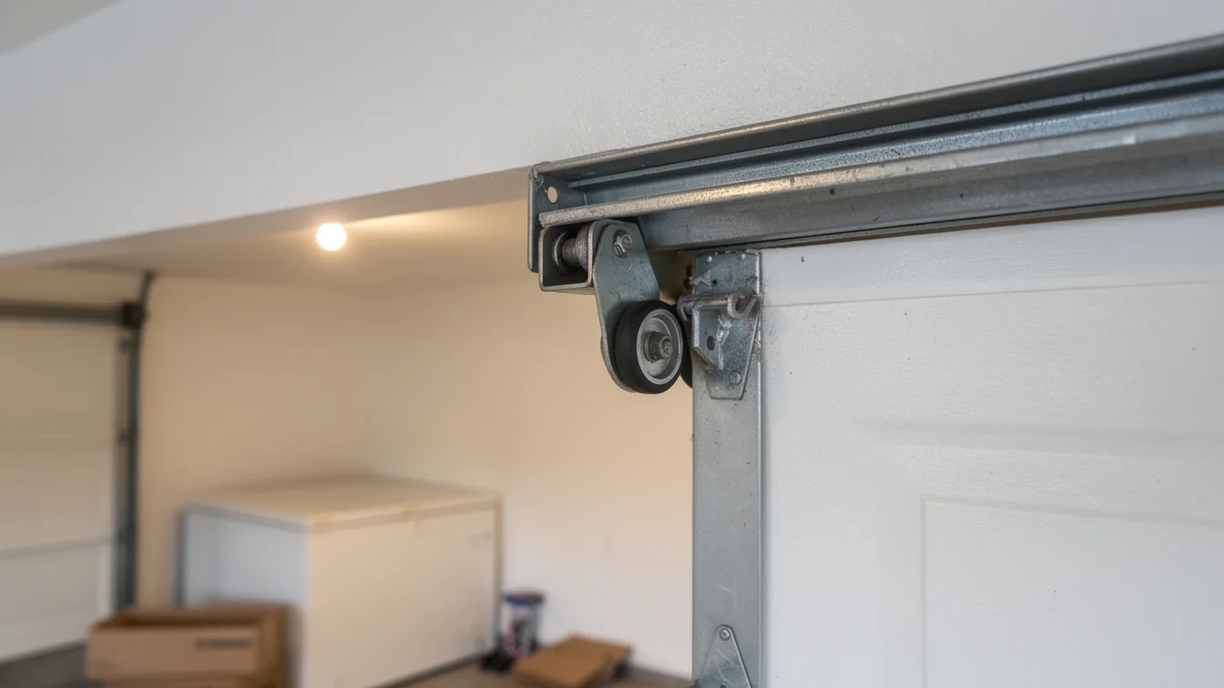 A garage door roller is visible on a metal track.