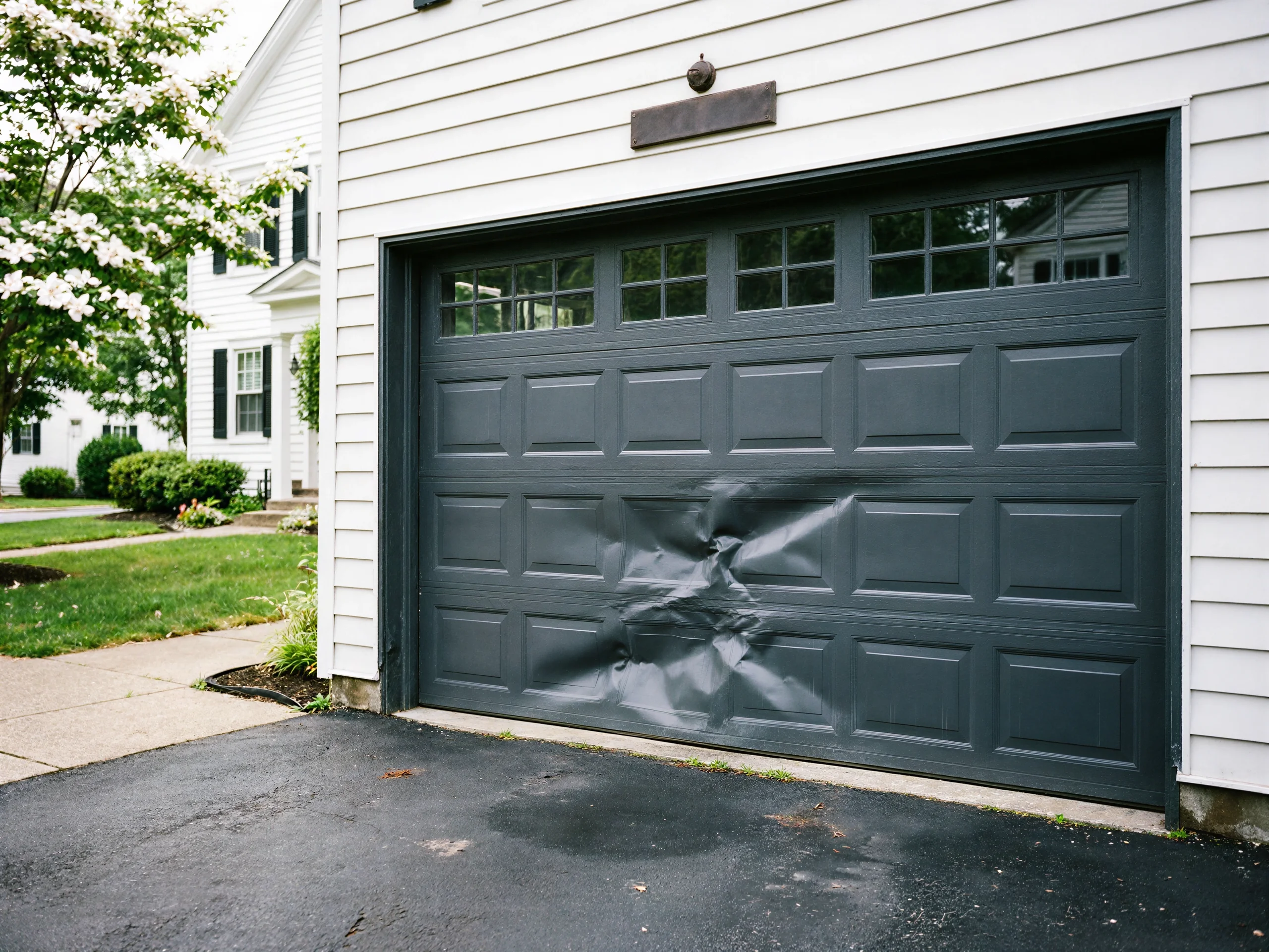 A dark gray garage door with windows has a large dent in the lower left panel.
