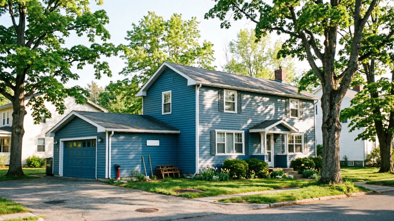A blue house with an attached garage and a dark blue garage door.