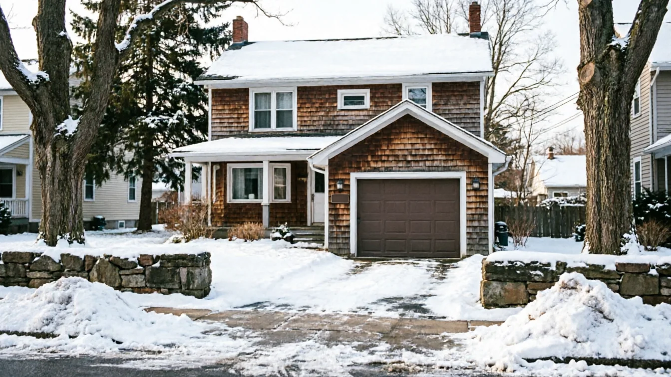 A brown shingle house with a brown garage door is covered in snow.